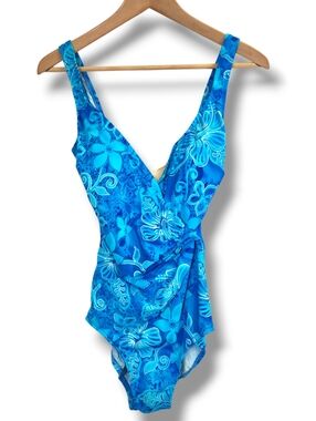 Vintage 80s Maxine of Hollywood Blue Floral One-piece Swimsuit Size 10